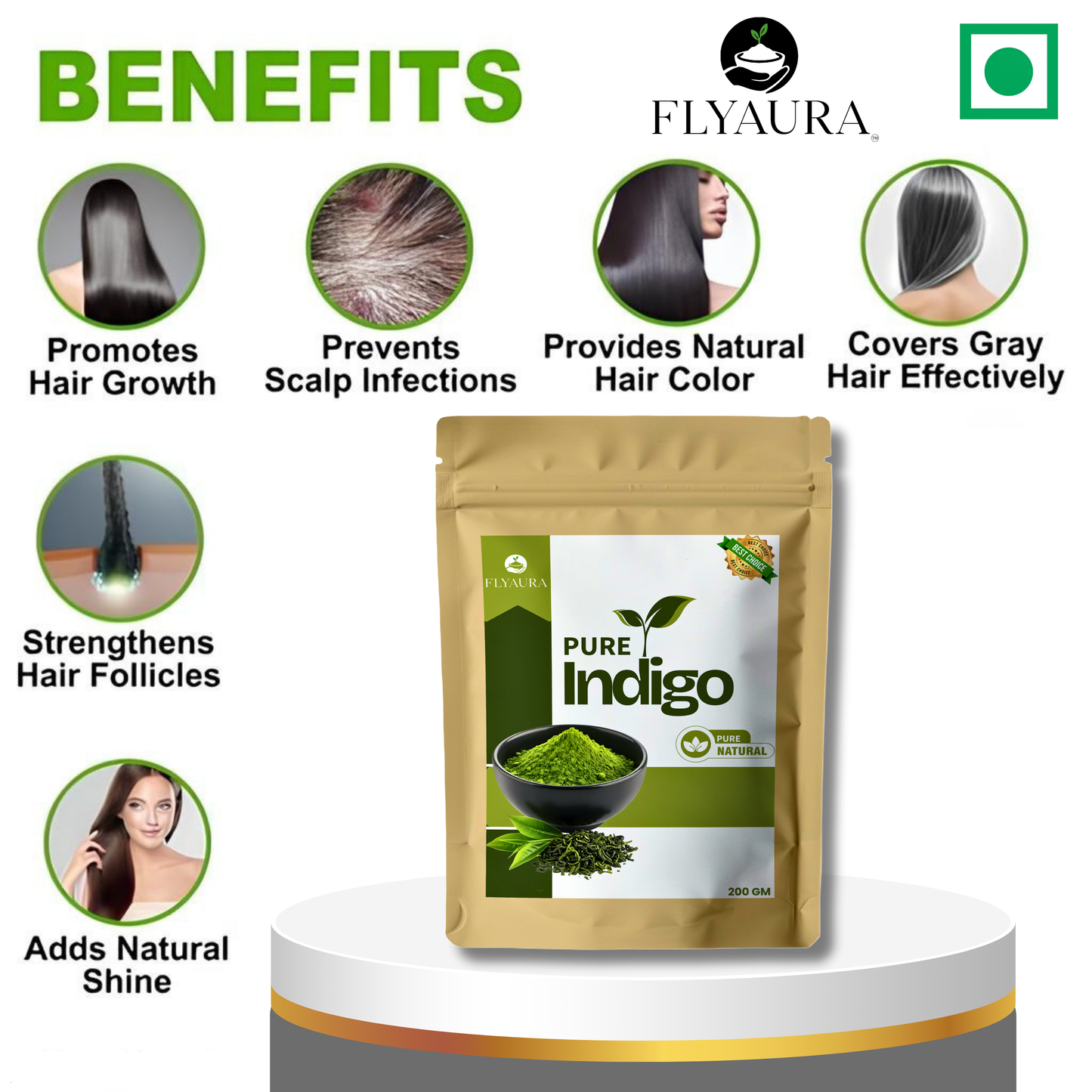 FLYAURA Indigo Powder - Natural Hair Coloring Solution for Darker Hair (200 g)