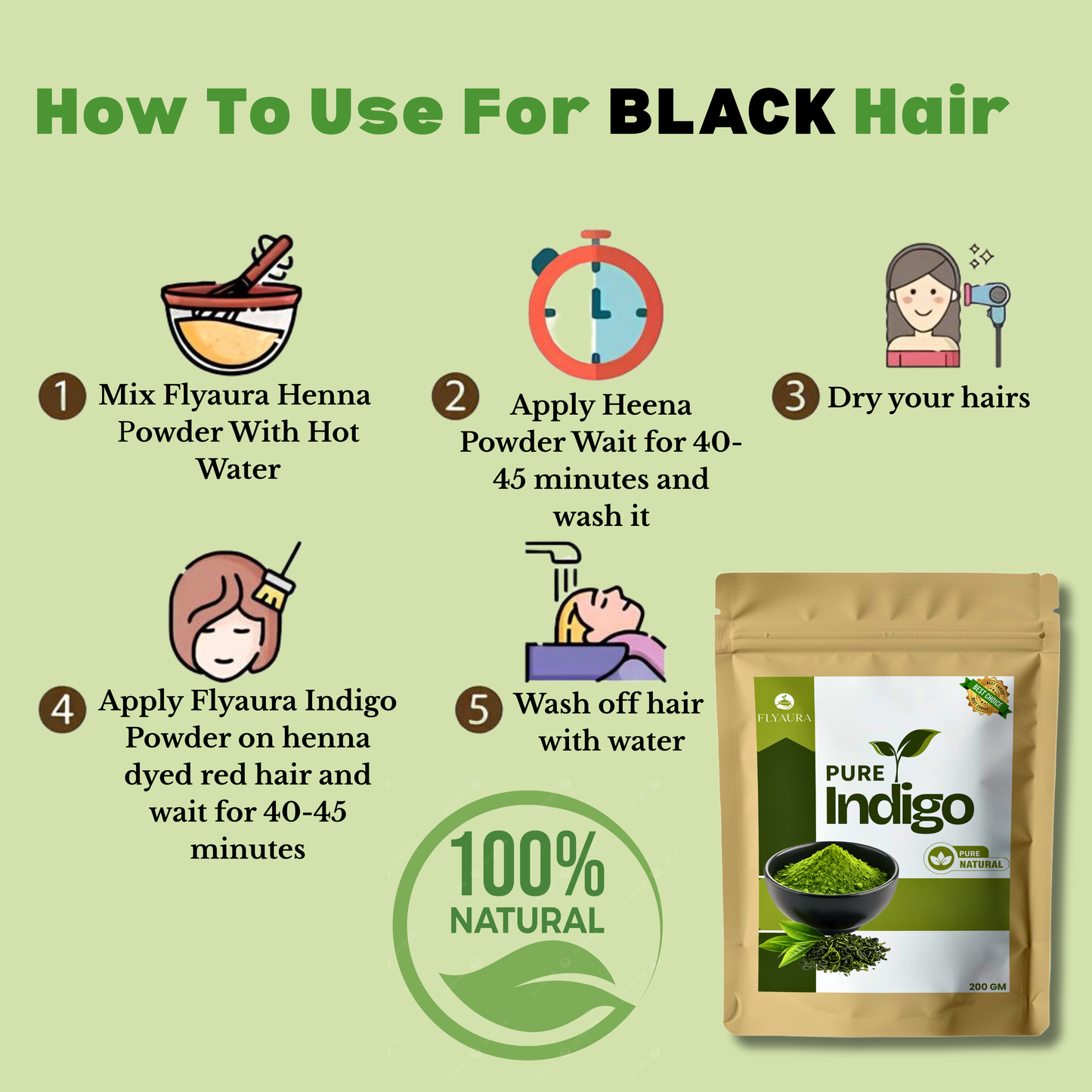 FLYAURA Indigo Powder - Natural Hair Coloring Solution for Darker Hair (200 g)