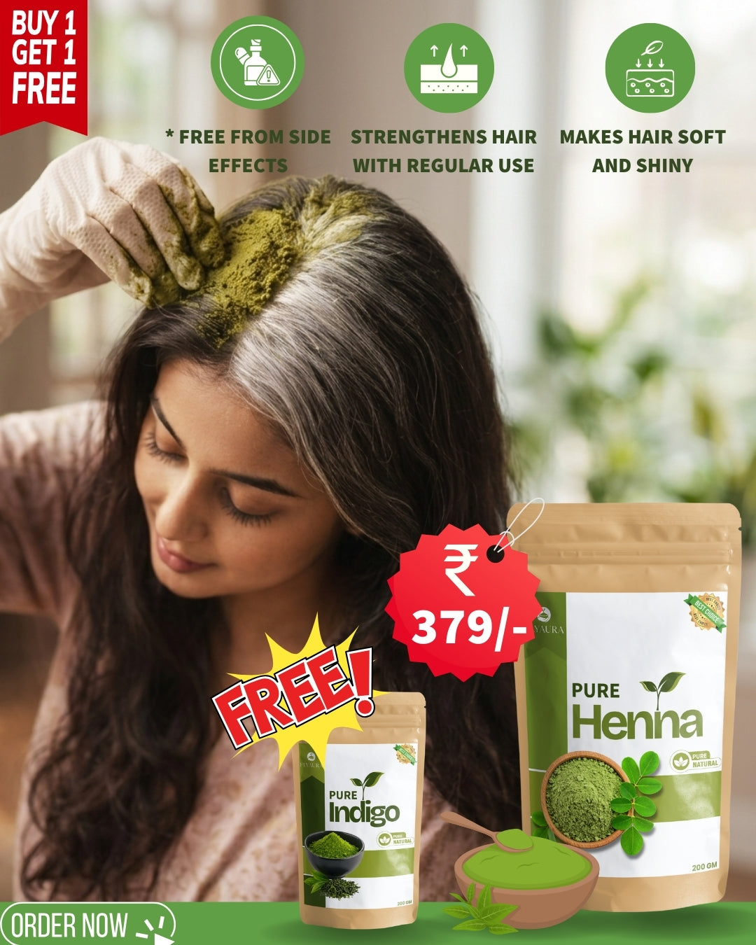 Pure Natural Henna Powder with Free Indigo | Herbal Hair Color | Chemical Free Hair Dye